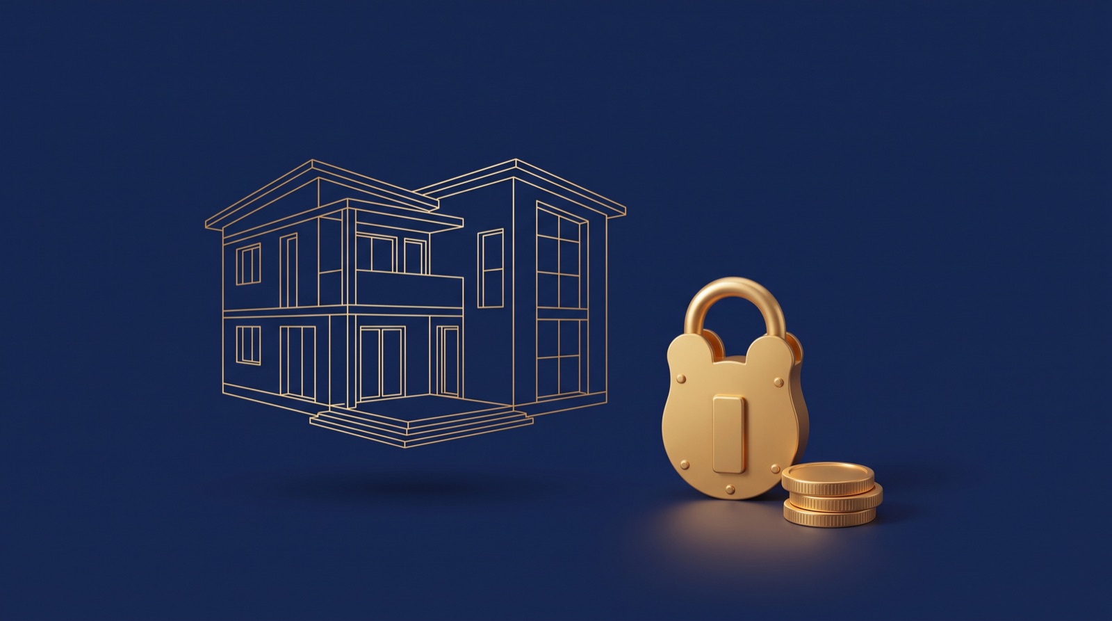 Casa em linha dourada, cadeado e moedas sobre fundo azul — alienação fiduciária