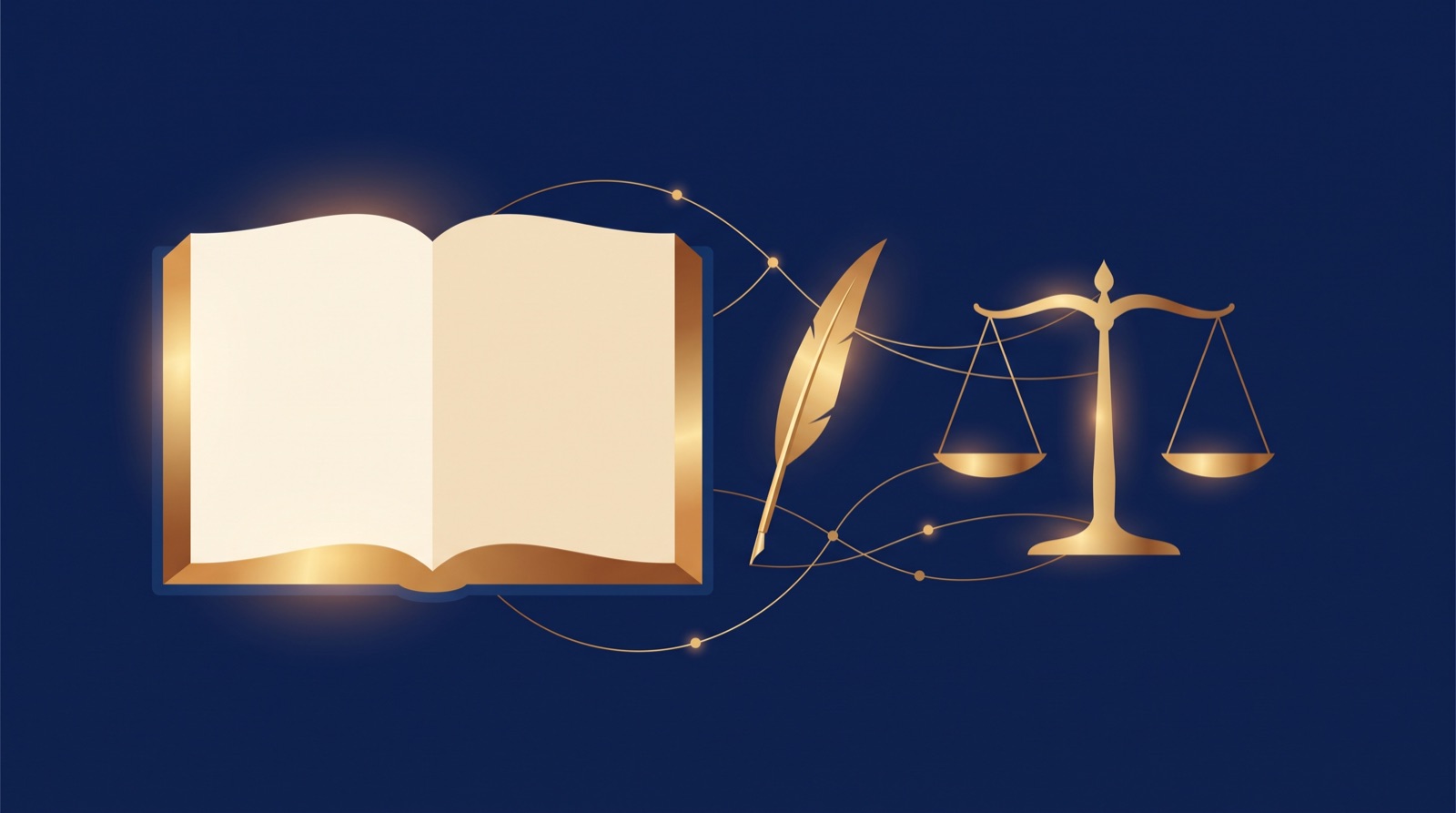 Livro de leis dourado, pena e balança sobre fundo azul — reforma do Código Civil
